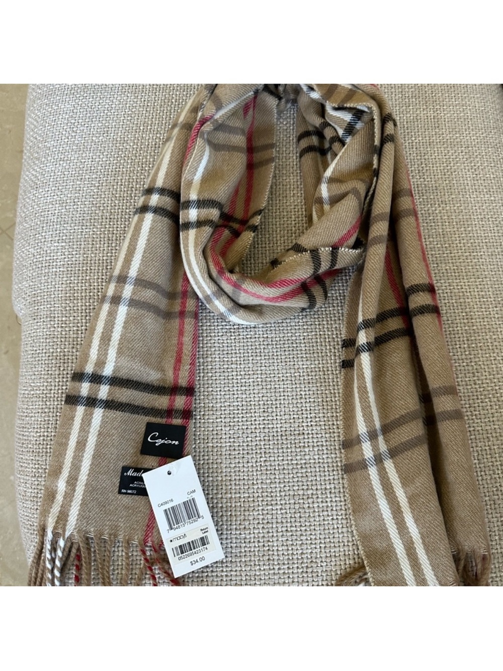 Cejon Beige Plaid Scarf with Red and Black Accents